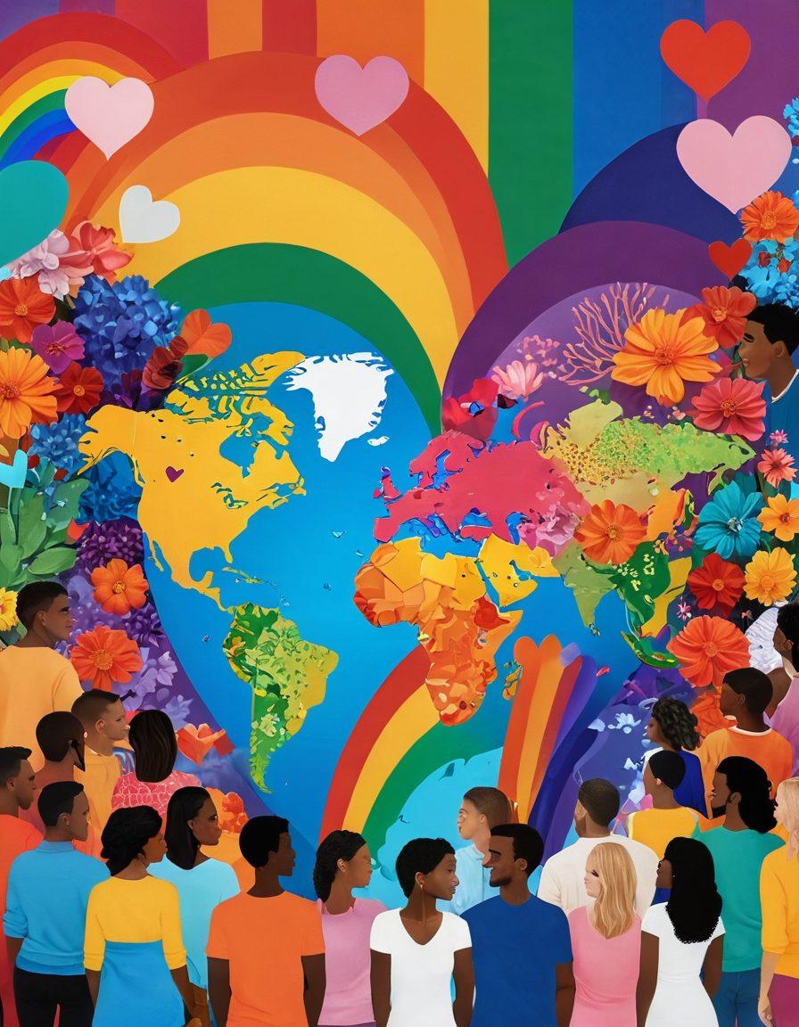A vibrant collage of diverse couples celebrating love, with colorful hearts and rainbow motifs. The background features a digital world map symbolizing global acceptance, intertwined with inspirational quotes about identity and love. Include elements of nature like blooming flowers to signify growth and harmony. Perfect for warm and inviting aesthetics that embrace inclusivity. super-realistic. vibrant colors. 3D.