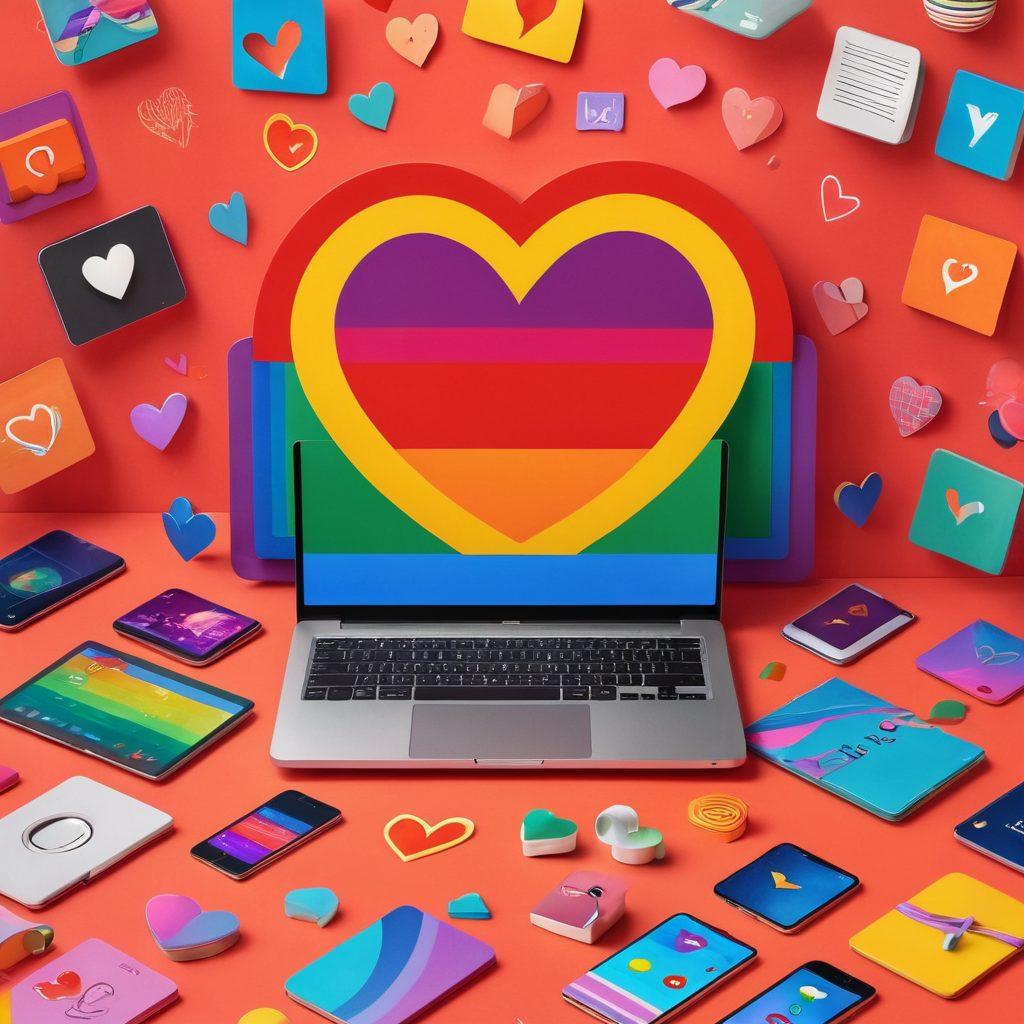 A colorful collage featuring diverse LGBTQ+ individuals sharing heartfelt moments in a digital setting, with intertwined symbols of love such as rainbows and hearts. Include elements like laptops and smartphones, showcasing their connection through personal stories. The background should evoke a sense of community and acceptance. vibrant colors. 3D effects. inclusive design.