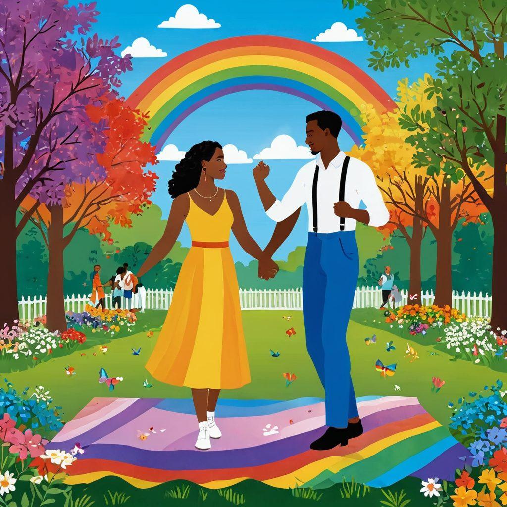 A vivid illustration showcasing diverse couples from the LGBTQ+ community in a romantic park setting, surrounded by symbols of pride such as rainbow flags and flower decorations. Each couple representing different identities, engaged in joyful activities like picnicking, holding hands, and dancing. The background features a bright blue sky and blooming trees, creating a warm and welcoming atmosphere. super-realistic. vibrant colors. white background.